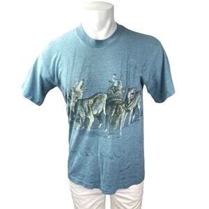 Vintage Signal Sports Men's Blue Wolf Graphic Short Sleeve T Shirt Tee Top Sz S